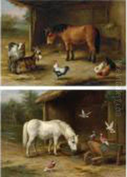 A Horse With Pigeons At Feeding Time; A Pony With Goats And Chickens In A Barn Oil Painting by Edgar Hunt