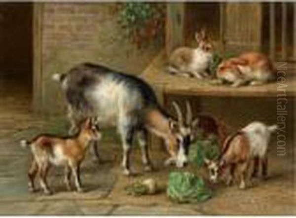 Rabbits And Goats At Feeding Time by Edgar Hunt