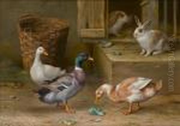 Chickens And Pigeons In A Farmyard; Ducks And Rabbits In A Farmyard Oil Painting by Edgar Hunt