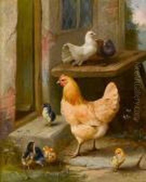 Chicken, Chicks And Pigeons 
Outside A Cottage; Chickens, Chicks, Pigeons And A Dove In A Farmyard Oil Painting by Edgar Hunt