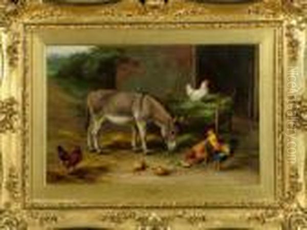 A Donkey And Poultry In A Farmyard Oil Painting by Edgar Hunt