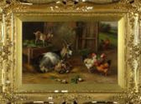 A Farmyard With Three Goats By A Manger And Hens Nearby Oil Painting by Edgar Hunt