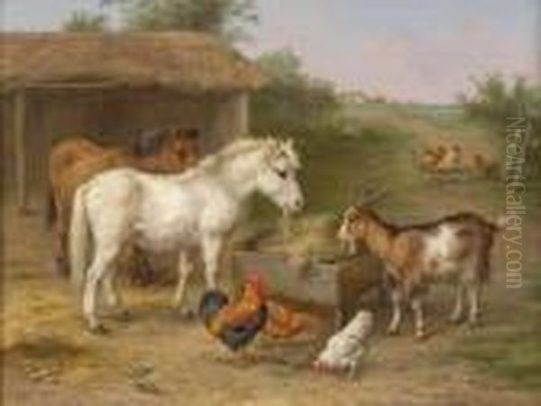 Ponies, Goat And Chickens In A Farmyard Oil Painting by Edgar Hunt