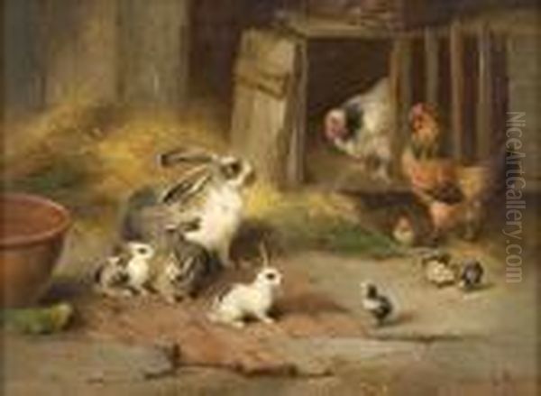 Rabbits, Cockerels And Chicks In A Farmyard Oil Painting by Edgar Hunt