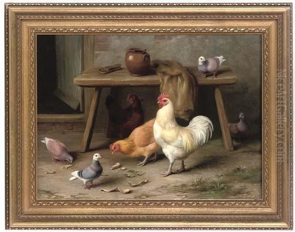 A Cockerel, Hens And Pigeons Feeding By A Table Oil Painting by Edgar Hunt