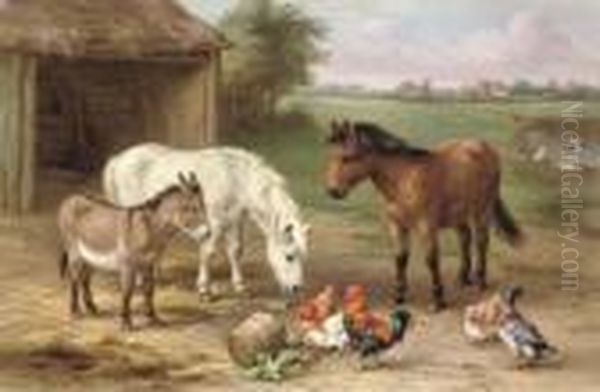 A Donkey, Two Ponies, Chickens And Ducks By A Pond Oil Painting by Edgar Hunt