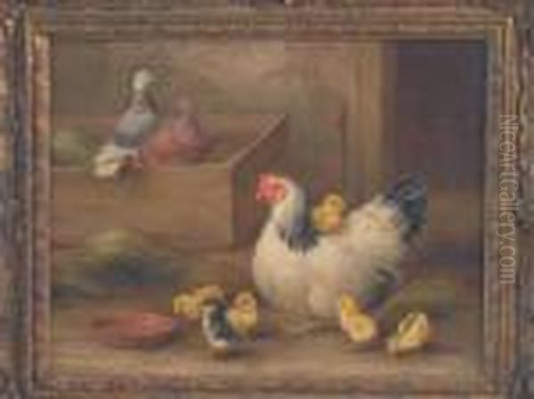 A Study Of A Hen Andher Chicks With Pigeons By A Box Oil Painting by Edgar Hunt