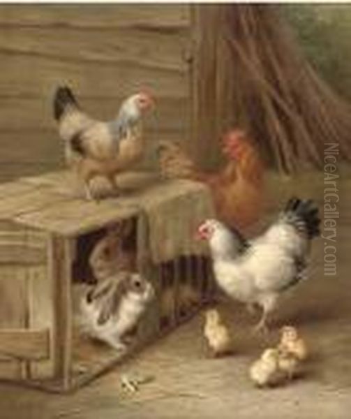 A Cockeral, Hens, Chicks And Rabbits Oil Painting by Edgar Hunt