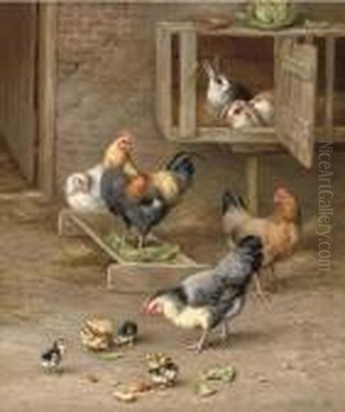 Chicks, Chickens And Rabbits In A Hutch Oil Painting by Edgar Hunt