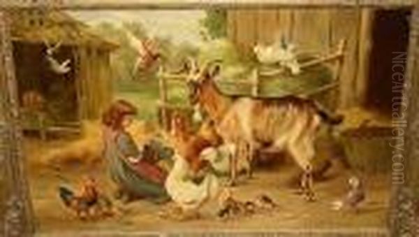 Young Girl Feeding Chickens, A 
Goat And Doves In A Farmyard, Bears Signature And Dated 'e Hunt 1906' Oil Painting by Edgar Hunt