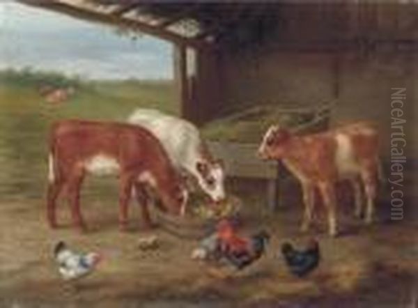 Calves And Chickens In A Barn, With Cattle Beyond Oil Painting by Edgar Hunt