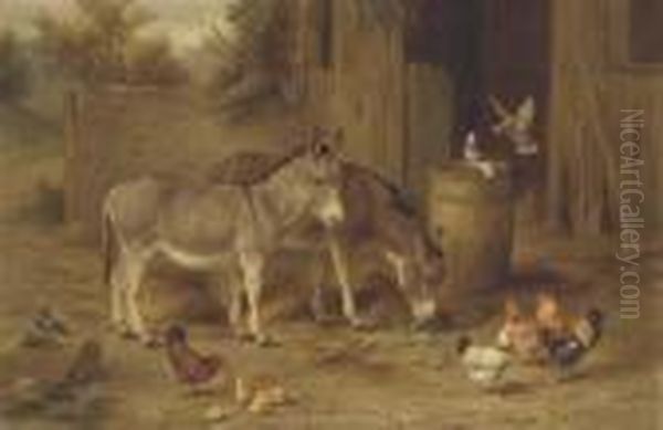 Donkeys, Chickens, Chicks And Doves In A Farmyard Oil Painting by Edgar Hunt