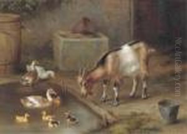 The Duck Pond; And Chickens In A Yard Oil Painting by Edgar Hunt