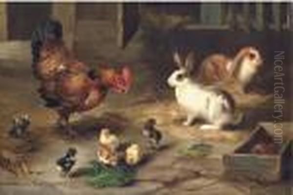 A Hen With Her Chicks, And Two Rabbits In A Stable Oil Painting by Edgar Hunt