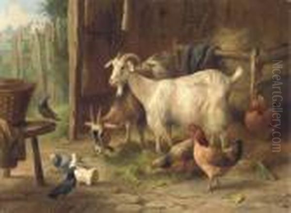 Goats, Chickens, Pigeons And A Dove In A Barn Oil Painting by Edgar Hunt