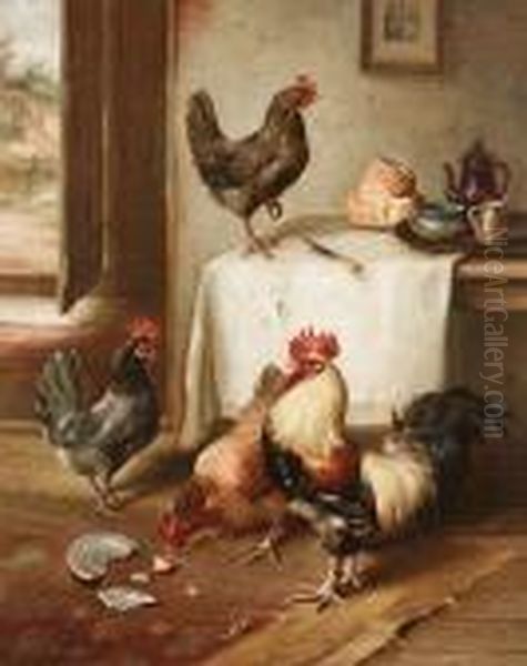 Chickens In A Kitchen Oil Painting by Edgar Hunt