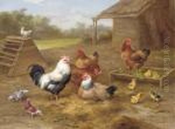 A Cockerel, Chickens And Doves Outside A Barn, With Chicks Playingwith A Pea Pod Oil Painting by Edgar Hunt