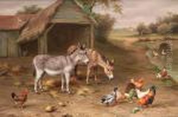 A Farmyard Scene With Donkeys And Poultry Oil Painting by Edgar Hunt