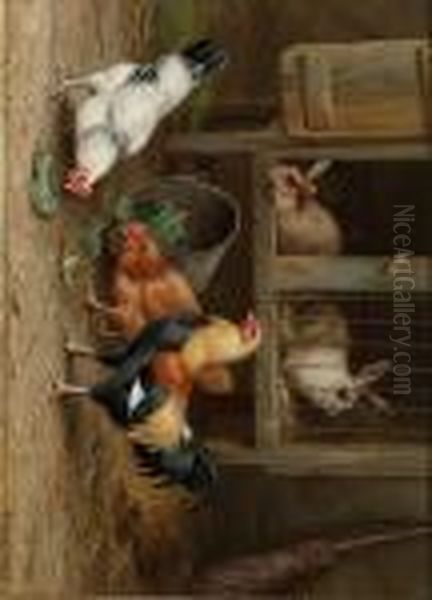 Chickens By A Rabbit Hutch Oil Painting by Edgar Hunt