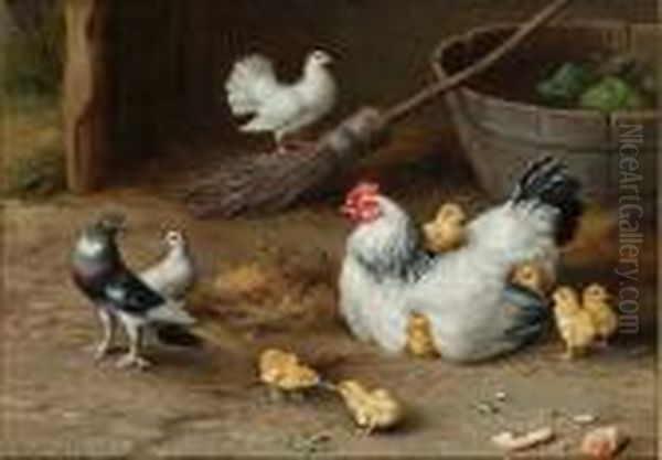 Hen And Chicks In A Barn Oil Painting by Edgar Hunt