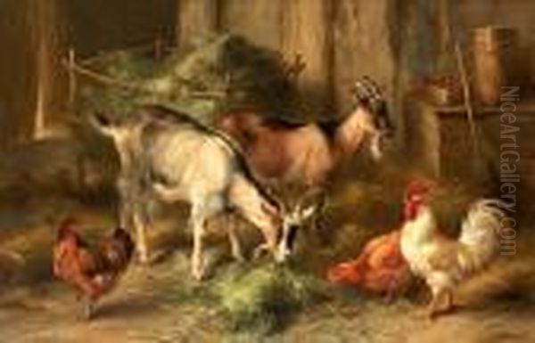 Goats And Chickens In An Interior Oil Painting by Edgar Hunt