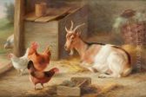 A Goat And Chickens Inside A Barn Oil Painting by Edgar Hunt