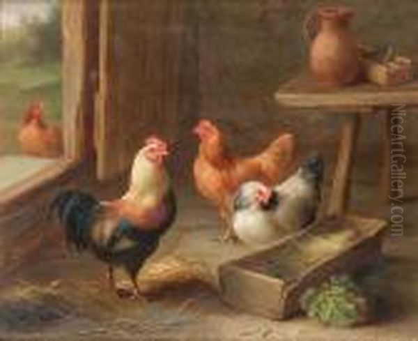 Chickens In A Barn Oil Painting by Edgar Hunt