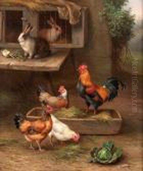 Chickens And Rabbits In A Farmyard Oil Painting by Edgar Hunt