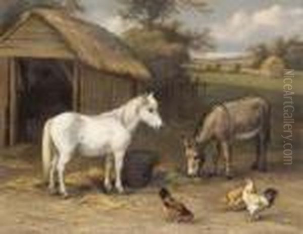 A Pony, Donkey And Chickens In A Farmyard Oil Painting by Edgar Hunt