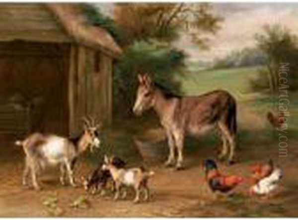 A Donkey, Goats And Chickens In A Farmyard Oil Painting by Edgar Hunt