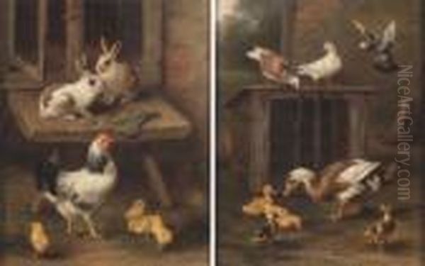 Pigeons And Ducks; Rabbits And Chickens By A Hutch Oil Painting by Edgar Hunt