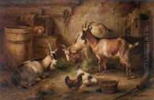 Goats And Chickens In A Stable Oil Painting by Edgar Hunt