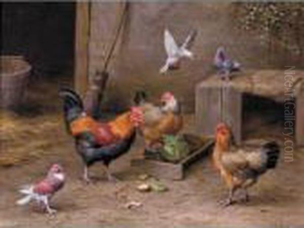 Chickens In A Farmyard Oil Painting by Edgar Hunt