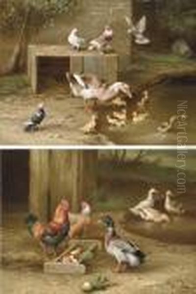 A Duck And Ducklings, With Doves, By A Pond; And Ducks And Chickens, At Feeding Time Oil Painting by Edgar Hunt