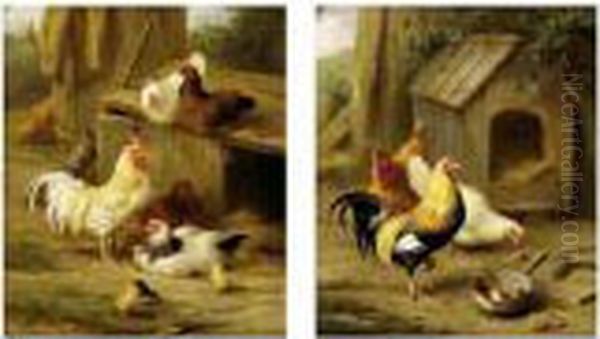 Chickens Feeding; Chickens And Chicks Oil Painting by Edgar Hunt