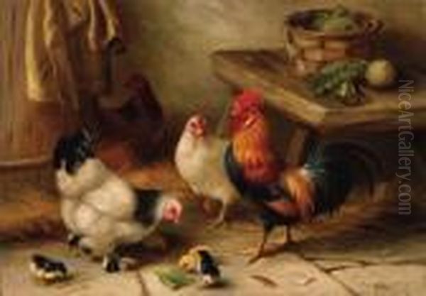 A Cockerel, Hens And Chicks Oil Painting by Edgar Hunt