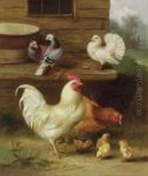 A Cockerel, Hen And Chicks With Pigeons; And A Hen, Chicks Andpigeons Oil Painting by Edgar Hunt