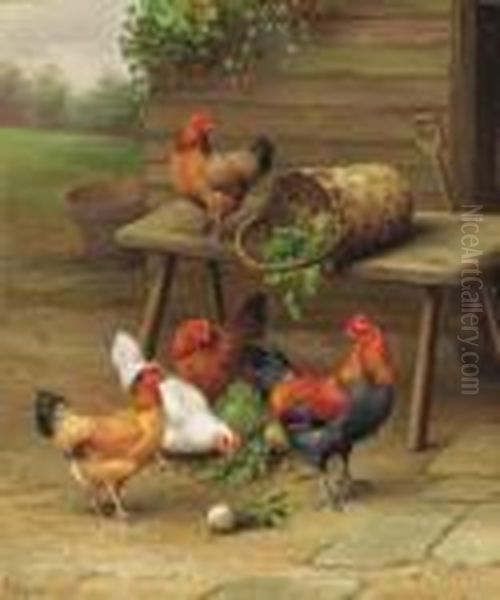 Poultry In A Barnyard Oil Painting by Edgar Hunt