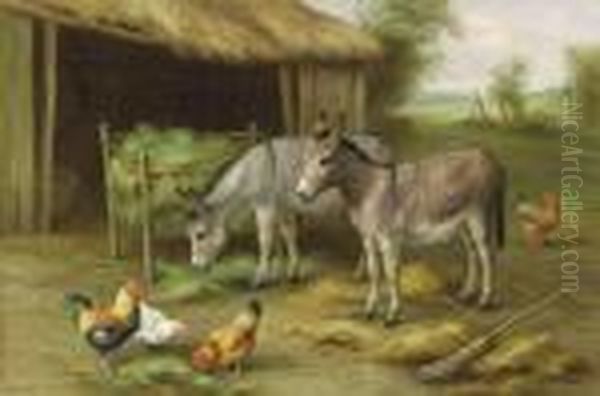 Goats And Poultry; And Donkeys And Poultry Oil Painting by Edgar Hunt