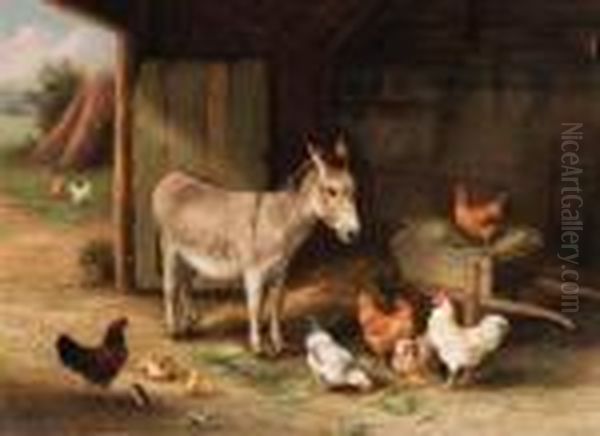 Donkey, Hens And Chickens In A Barn Oil Painting by Edgar Hunt