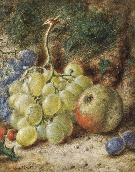 Grapes, An Apple And Holly Berries On A Mossy Bank Oil Painting by William Henry Hunt