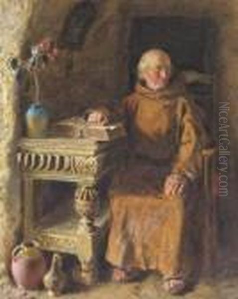 A Monk Sitting In His Cell Reading Oil Painting by William Henry Hunt