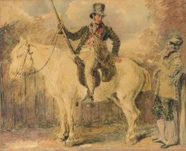 A Gamekeeper On A Horse And Another Man Conversing Oil Painting by William Henry Hunt