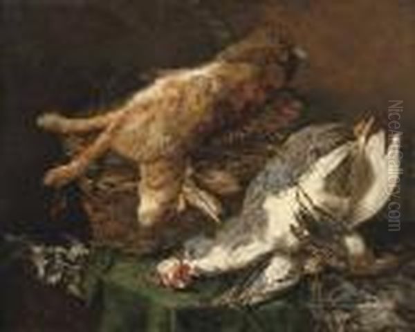 A Hare In A Basket, A Partridge And Two Quails On A Half Drapedmarble Table Oil Painting by William Henry Hunt