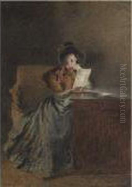 A Girl Reading A Letter By Lamplight Oil Painting by William Henry Hunt