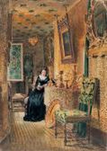 Portrait Of Mrs Hunt In Mr. Moore's Library Oil Painting by William Henry Hunt