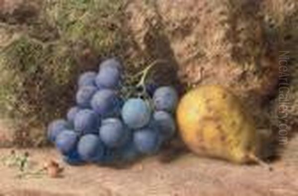 Still Life With A Bunch Of Grapes, A Pear And Rosehips On A Mossybank Oil Painting by William Henry Hunt