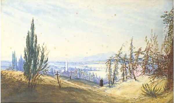 A distant view of the Arno, Florence, morning Oil Painting by John Robert Mather