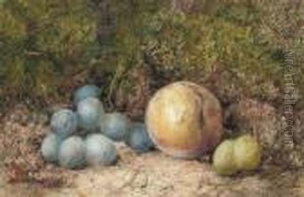 A Still Life Of Grapes And A Peach On A Mossy Bank Oil Painting by William Henry Hunt