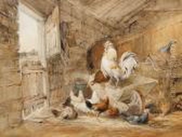 Chickens And A Rooster In A Barn Oil Painting by William Henry Hunt